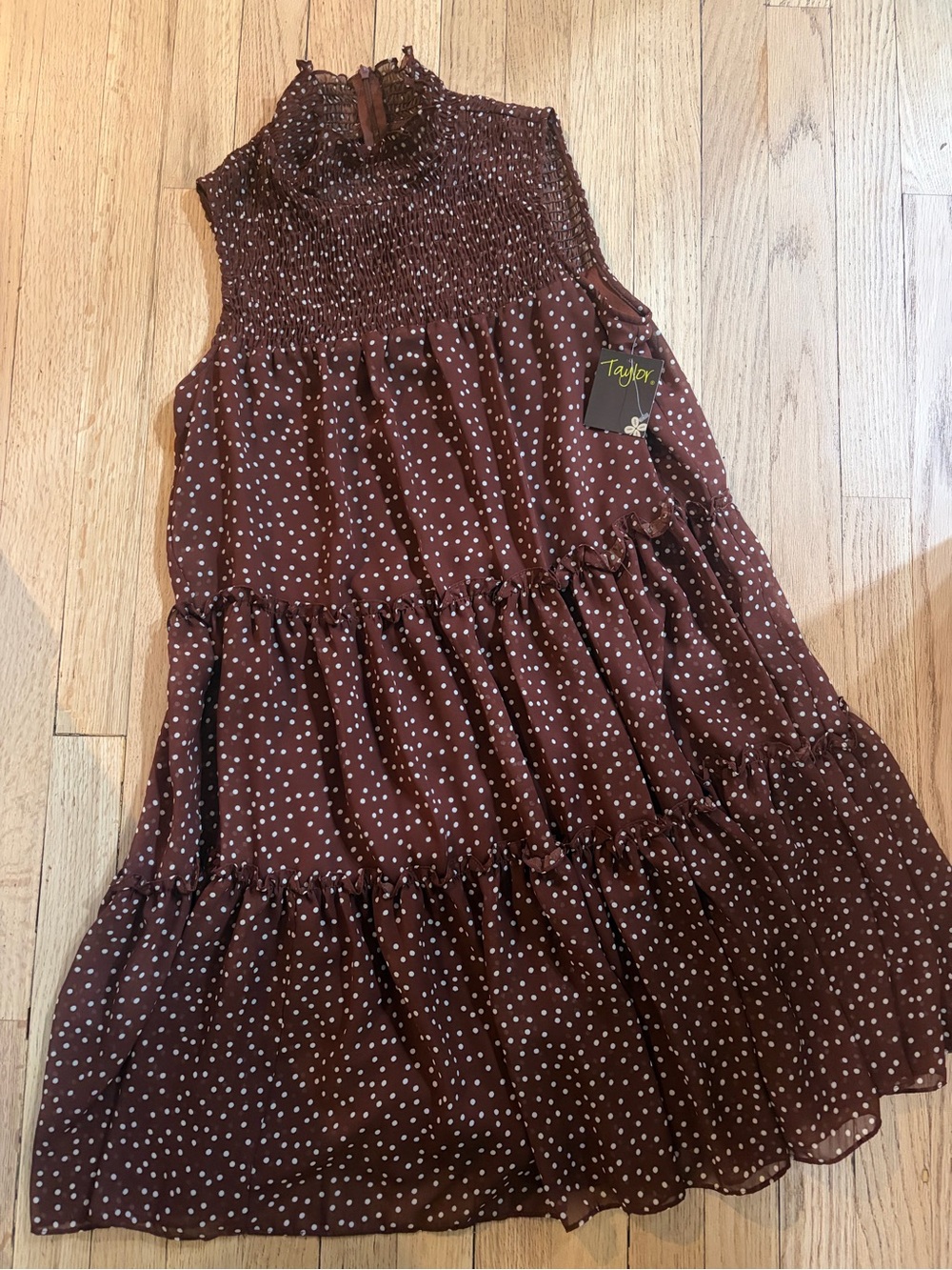 Taylor Brown Polka Dot Smocked Tiered Dress